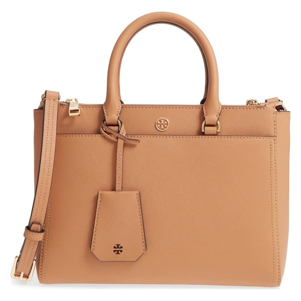 Tory Burch tan Robinson double zipper tote
